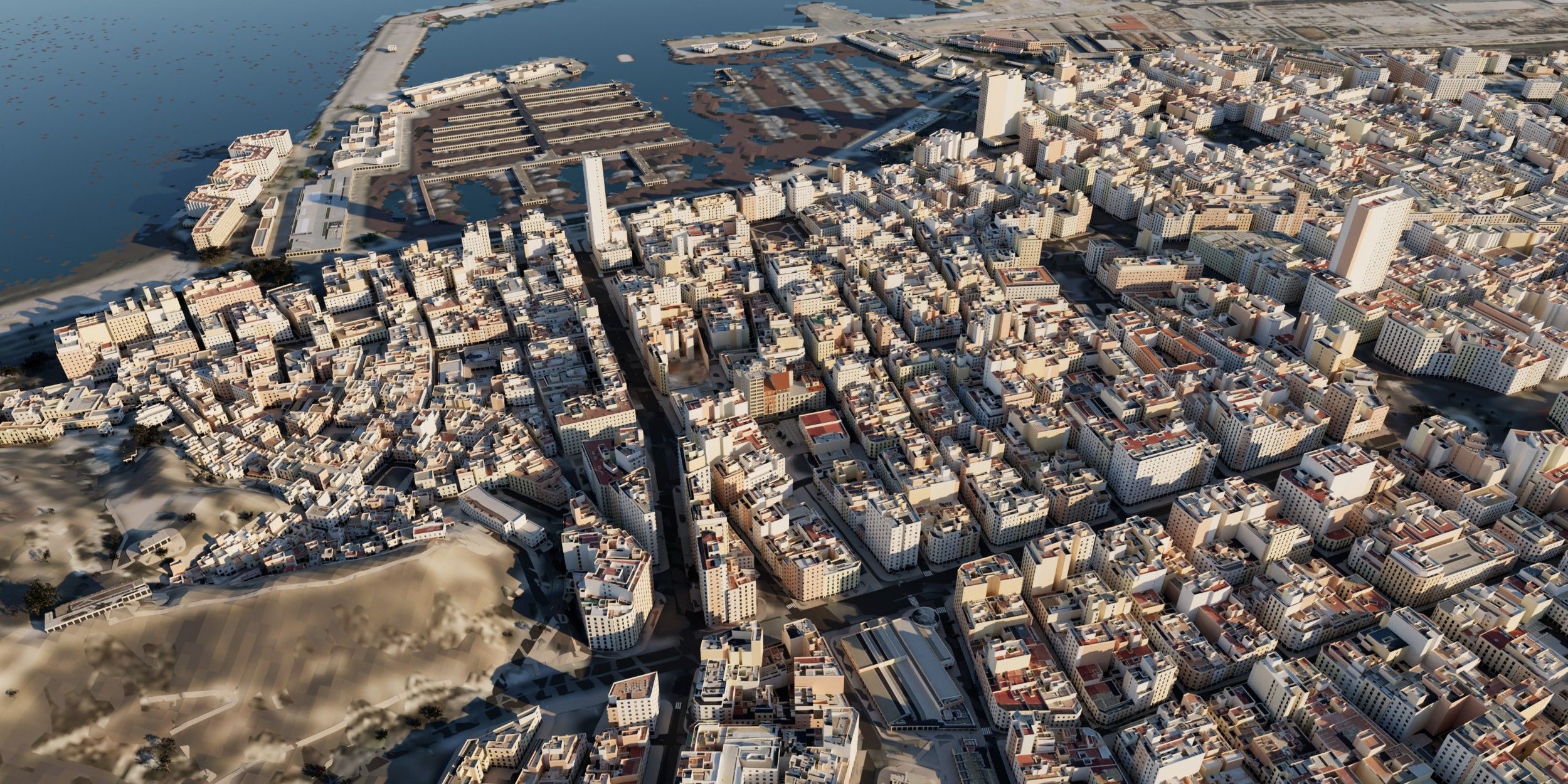 Vista aérea del centro de Alicante renderizada con Unreal Engine, con el puerto deportivo y la marina
