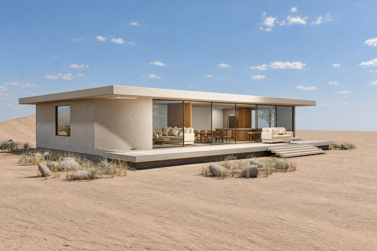 Casa Duna: vivienda de una planta con el salón acristalado, entre dunas (ejemplo del estudio)