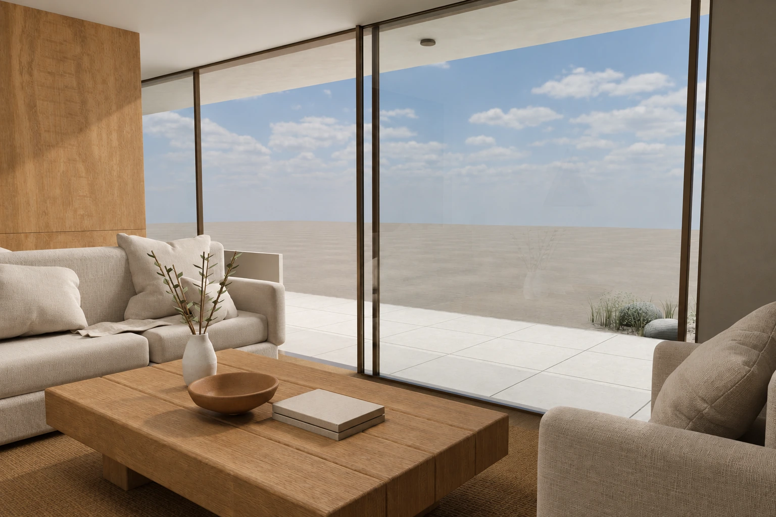 Salón de Casa Duna abierto al paisaje