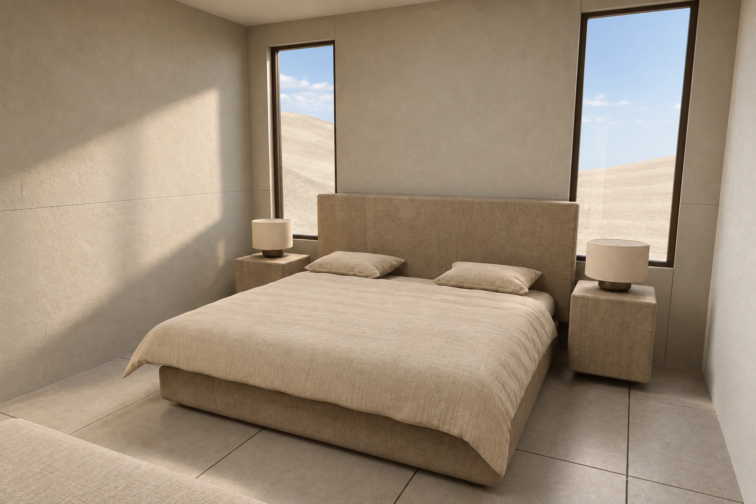 Suite de Casa Duna con ventanas verticales hacia las dunas
