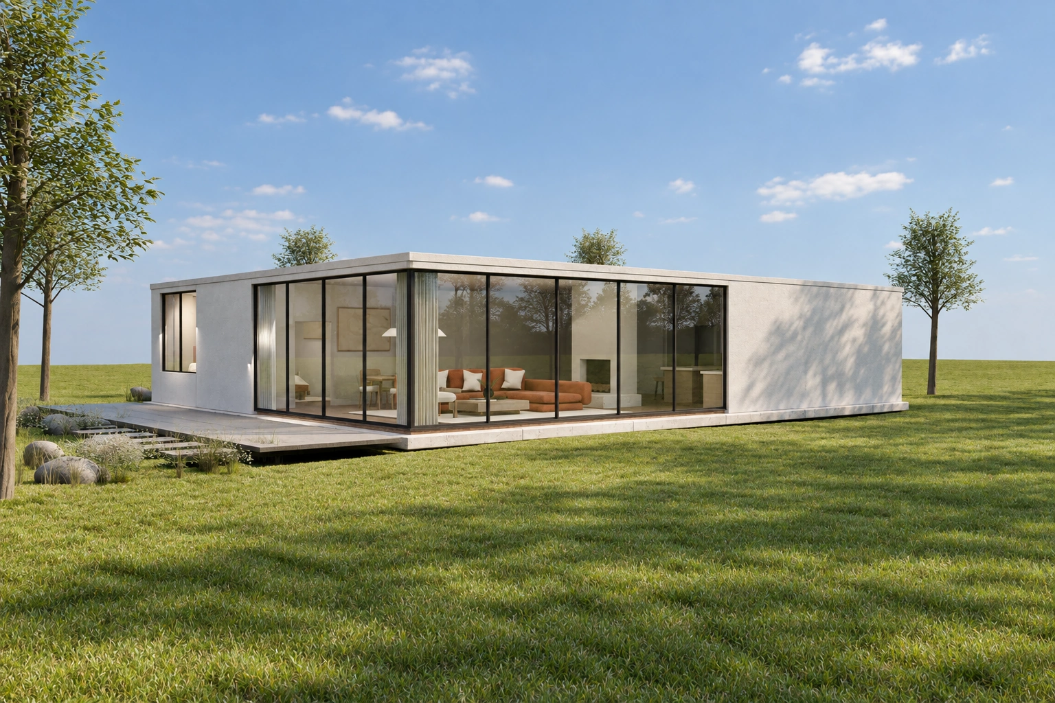 Casa Olmo: vivienda unifamiliar blanca con grandes ventanales en un prado