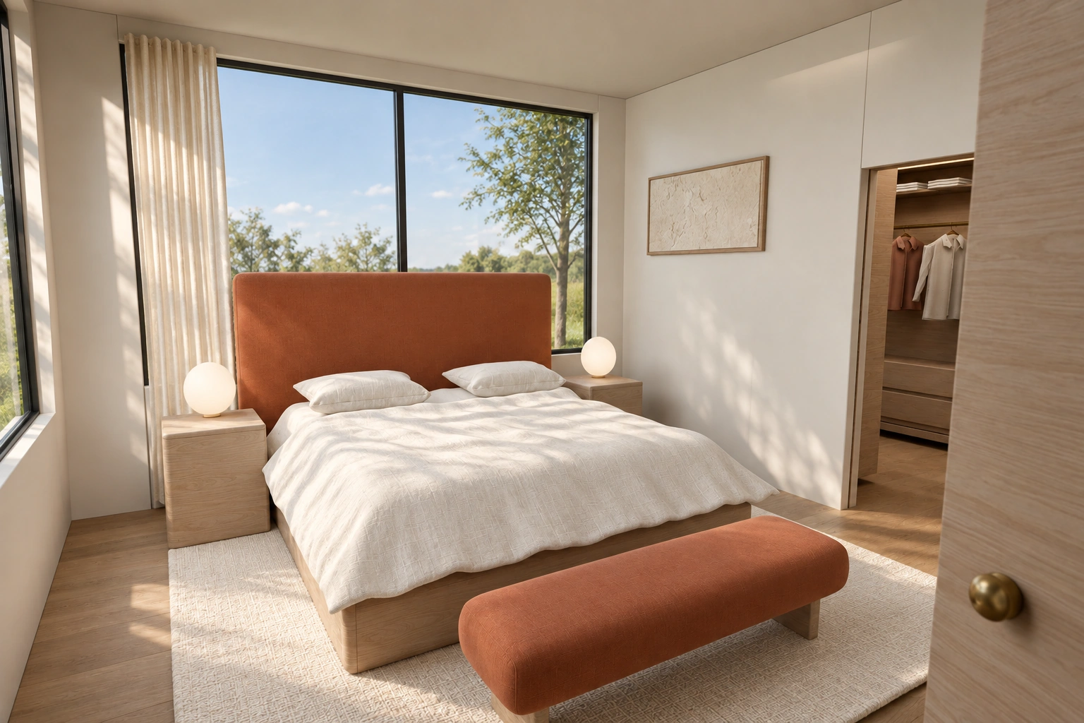 Suite principal de Casa Olmo con cabecero terracota y vestidor