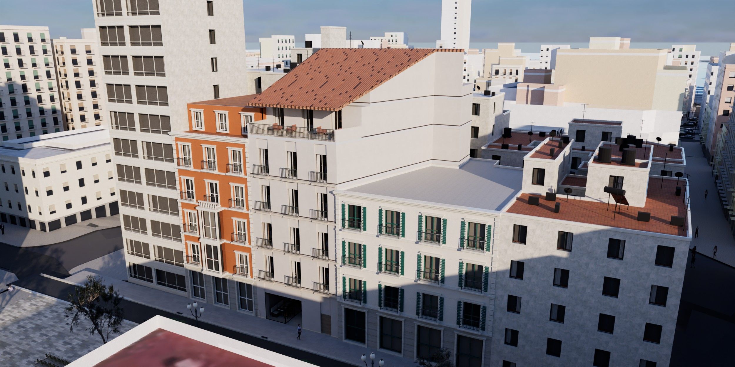 Palm Suites: la esquina del edificio de siete plantas y sus vecinos, vista aérea