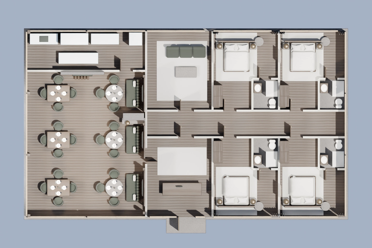 Planta amueblada de Hotel Bruma con el restaurante y las habitaciones