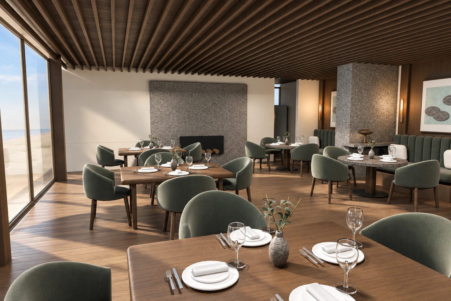 Restaurante de Hotel Bruma con techo de listones de madera y chimenea de granito