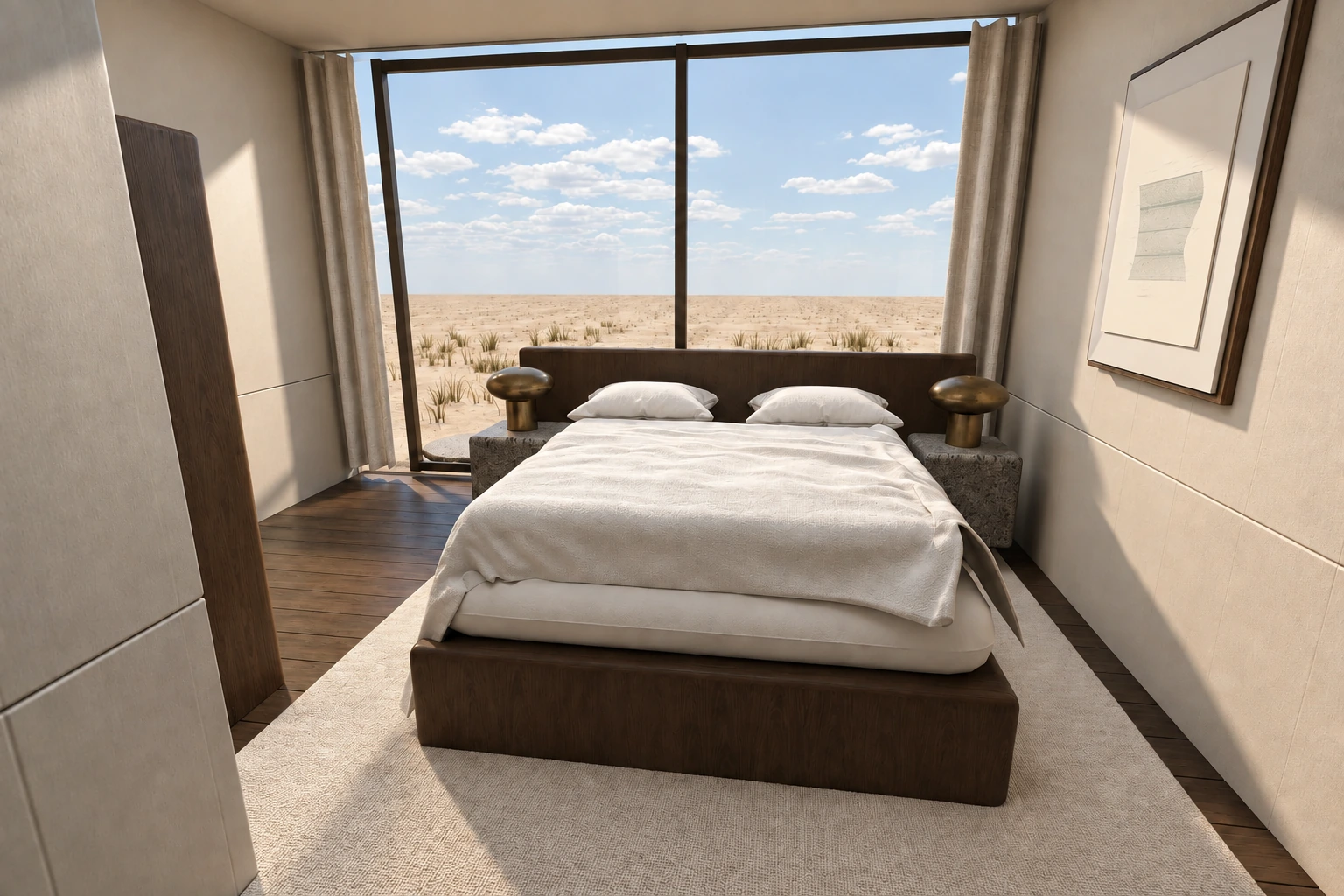 Suite de Hotel Bruma con cama de madera oscura y ventanal