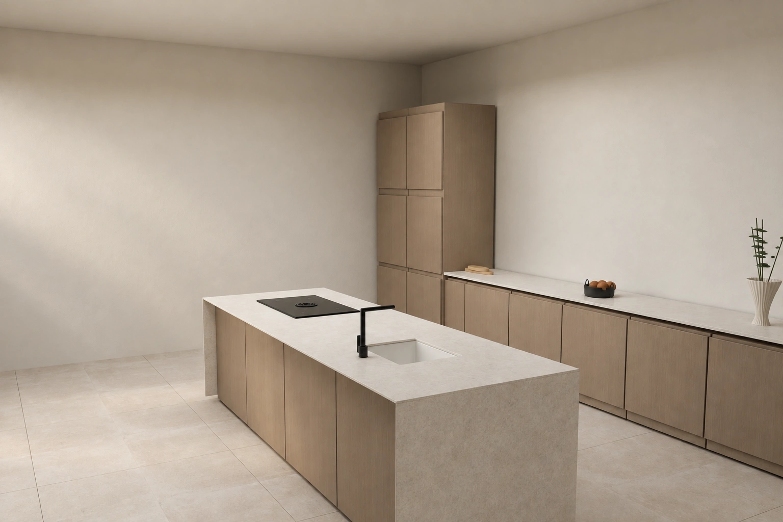 Cocina de Villa Senda con isla de piedra clara y muebles de madera
