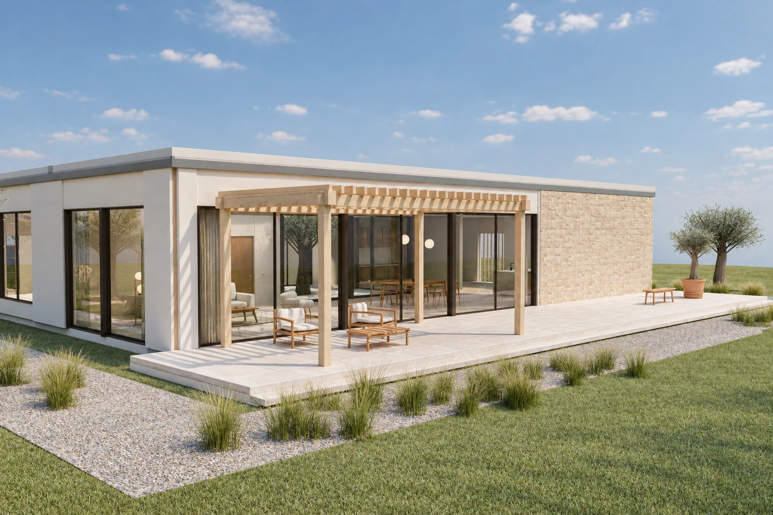 Villa Senda: fachada de una planta con porche de madera y jardín de gramíneas