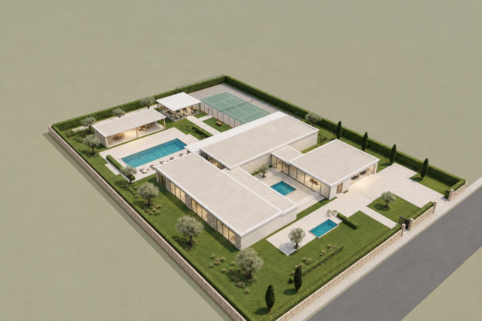 Vista aérea de Villa Umbral: vivienda en L, piscinas y jardín dentro de una parcela cerrada