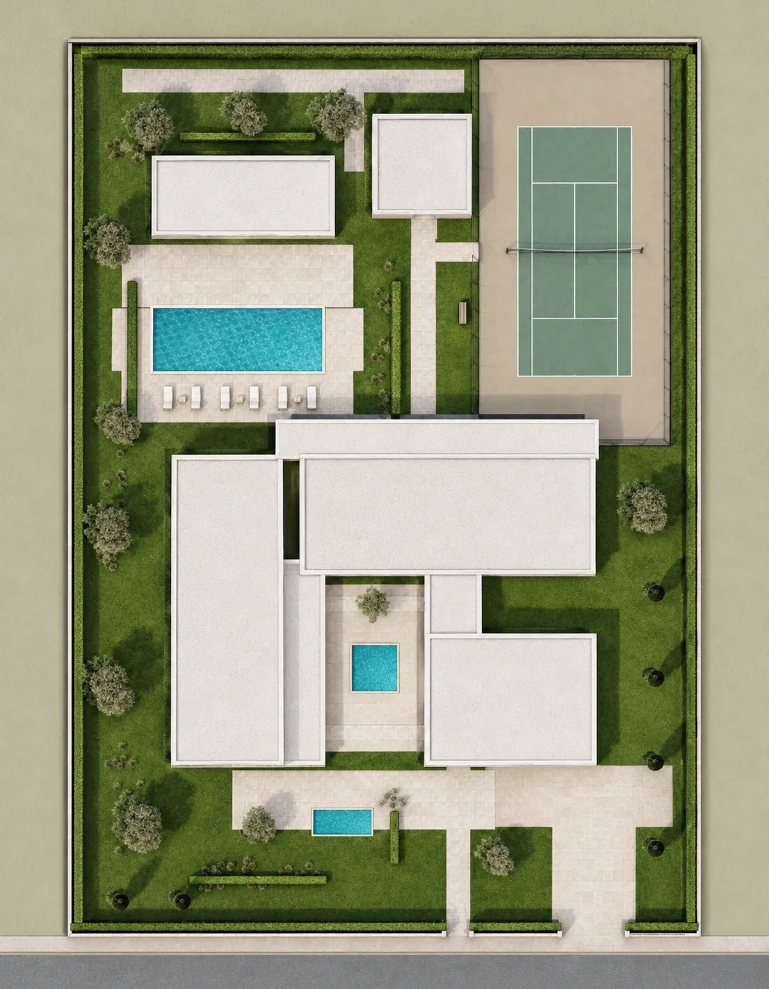 Bovenaanzicht van het perceel van Villa Umbral met het huis, de zwembaden en de tennisbaan