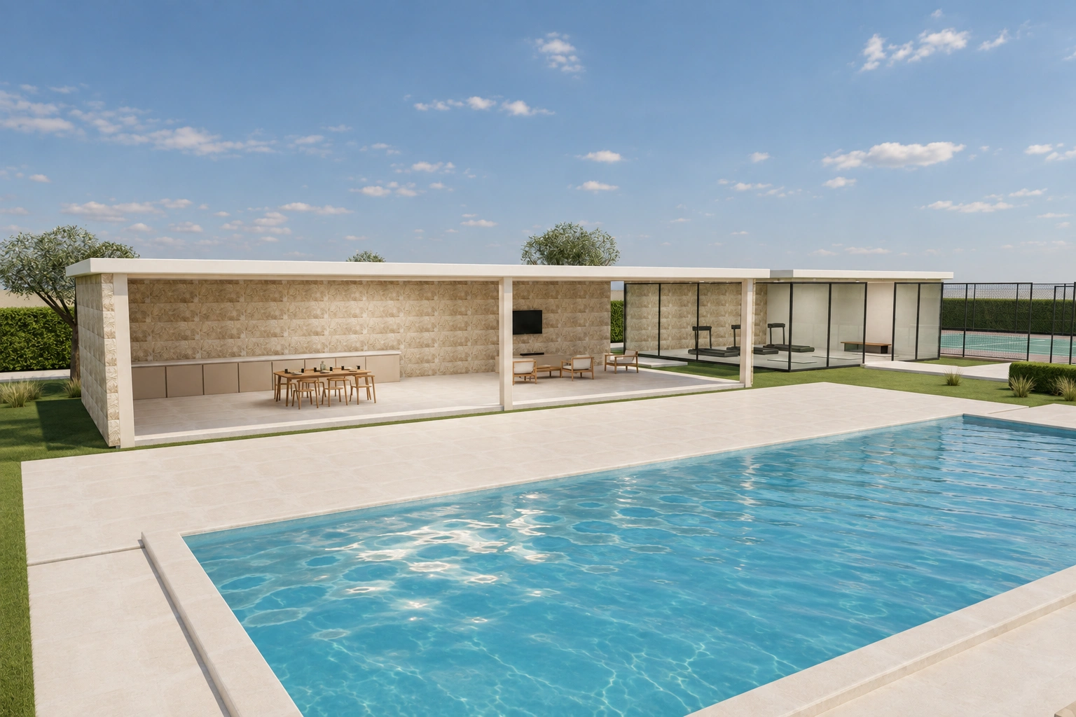 Villa Umbral: piscina y pabellón de piedra con el porche abierto (ejemplo del estudio)