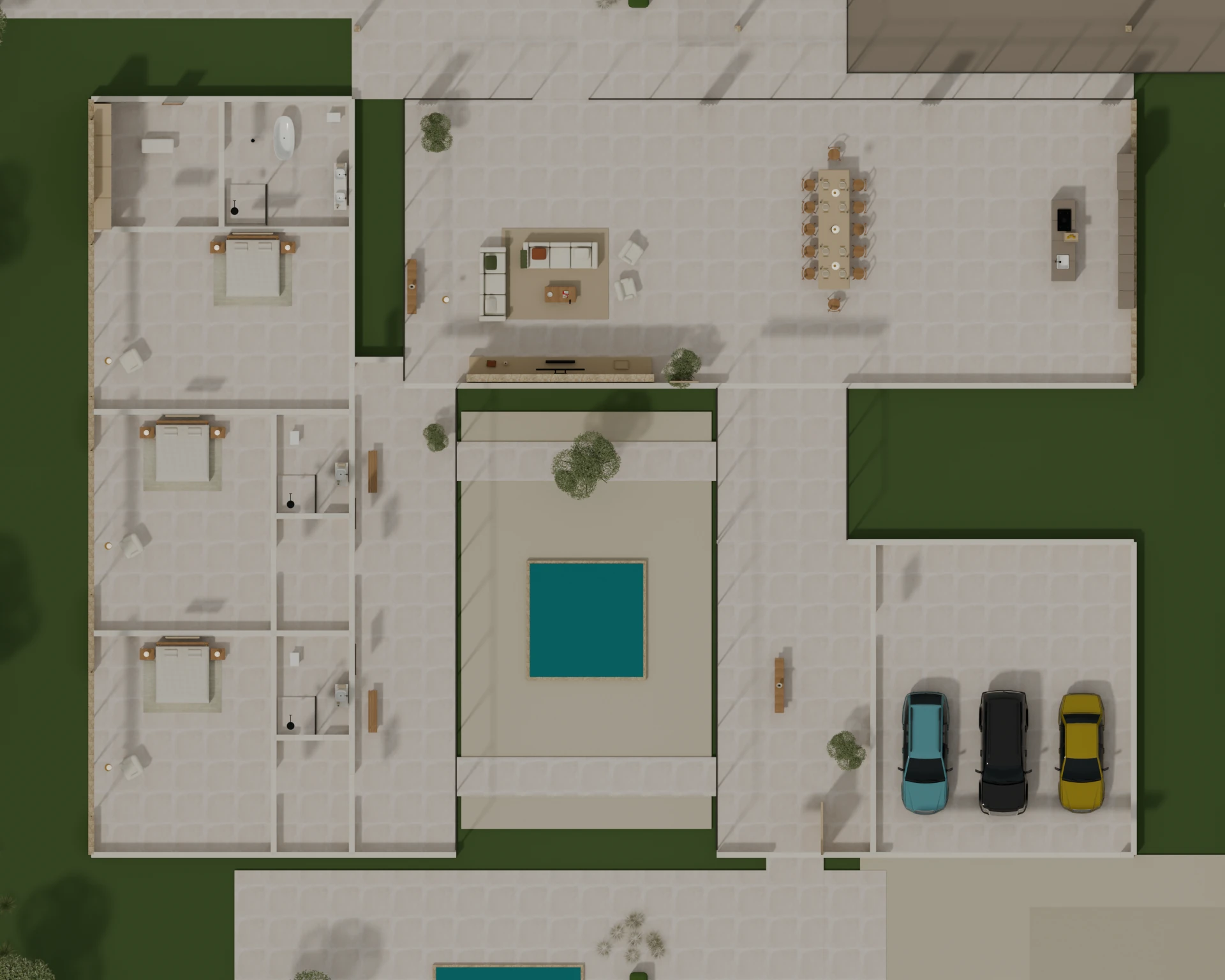 Planta amueblada de Villa Umbral con el patio y la piscina interior